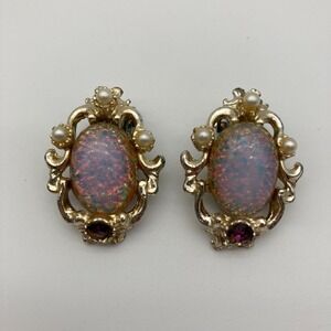 Vintage Clip-On Earrings Faux Opal & Amethyst Gold Toned Victorian Revival 70s